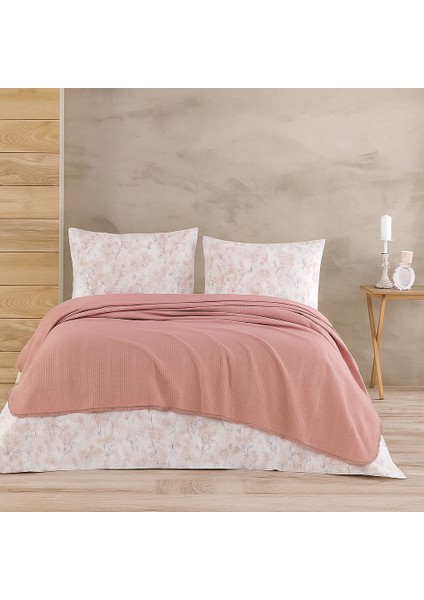 Şık Dantelli 3 Parça Tek Kişilik Pike Takımı - %100 Pamuk Kumaş - Gül Kurusu