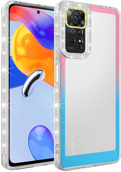 Xiaomi Redmi Note 11 Global Kılıf Simli ve Renk Geçiş Tasarımlı Lens Korumalı Mtsc Park Kapak-Pembe-Mavi