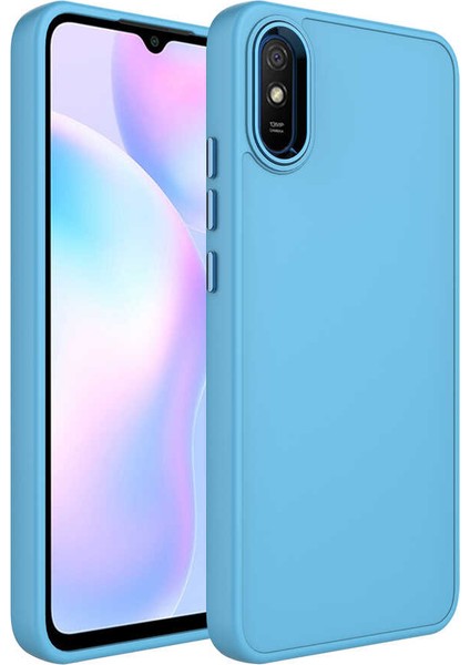 Xiaomi Redmi 9A Kılıf Metal Çerçeve ve Buton Tasarımlı Silikon Arth Luna Kapak-Sierra Mavi