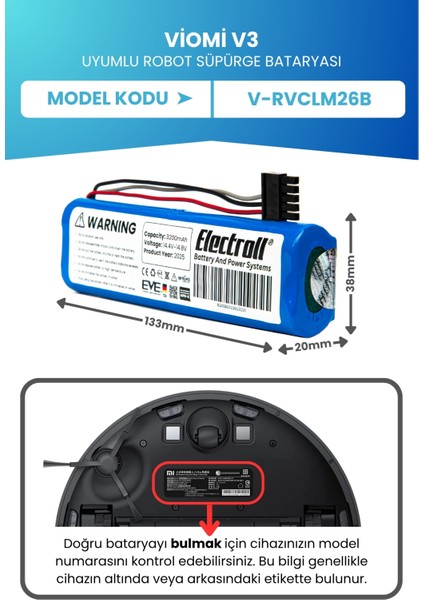 Viomi V3 Batarya (ORJİNAL KAPASİTE) 3.200mah Pil Akıllı Robot Süpürge Batarya Değişimi V-RVCLM26B fiyatları