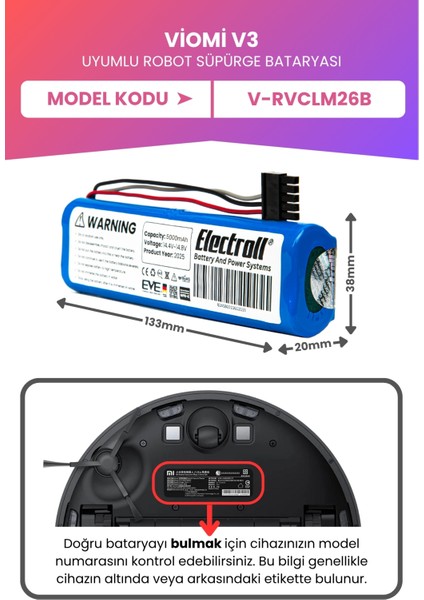 Viomi V3 Uyumlu Batarya (MAKSİMUM KAPASİTE) 5000mah Pil Robot Süpürge Bataryası Değişimi V-RVCLM26B fiyatları