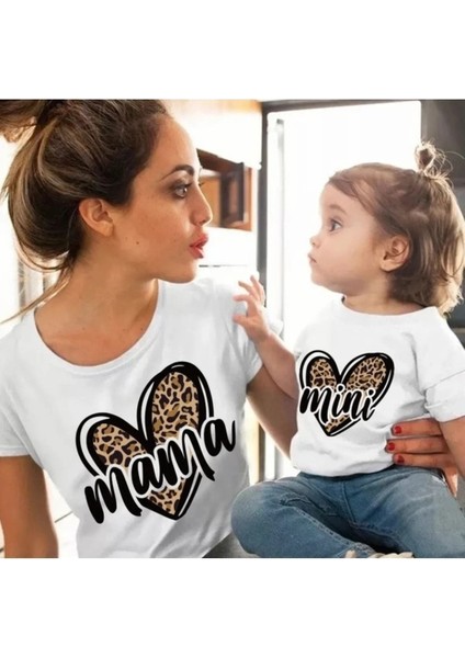 Özel Tasarım Leopar Kalp Desenli Mama Mini Baskılı Anne Çocuk Kombini T-Shirt