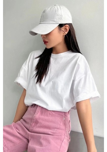 Kadın Beyaz Prostect Bakılı Oversize Pamuk T-Shirt modelleri