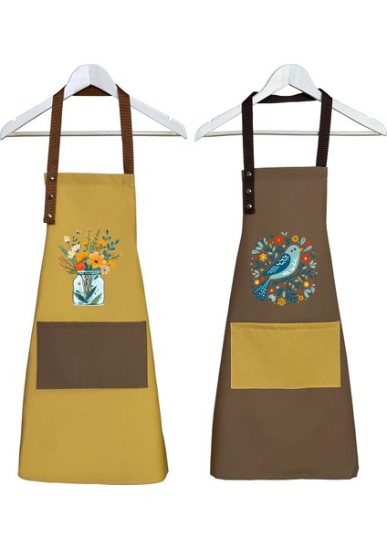 Renkli 2'li Mutfak Önlüğü Seti, Su Itici ve Leke Tutmaz, Çiçek ve Kuş Desenli