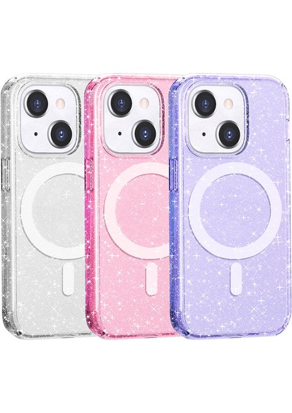 Apple iPhone 14 Kılıf Magsafe Şarj Özellikli Parlayan Simli Saydam Renkli Mtsc Allstar Kapak-Pembe fiyatları