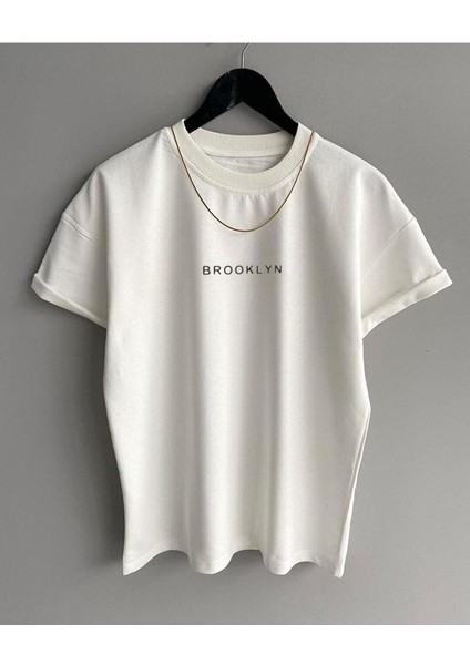 Beyaz Brooklyn Baskılı Oversize Unisex T-Shirt