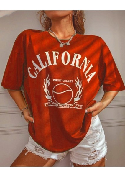 Kırmızı California Baskılı Oversize T-Shirt