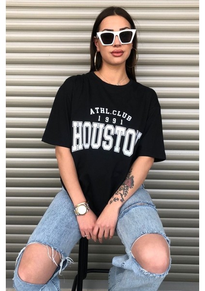 Siyah Houston Baskılı Oversize Kadın T-Shirt