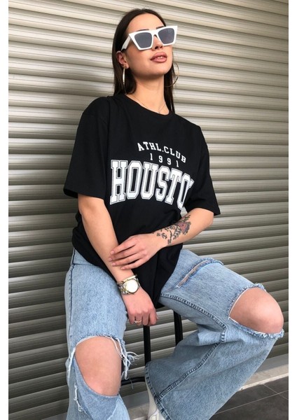 Siyah Houston Baskılı Oversize Kadın T-Shirt fiyatları