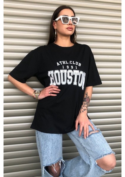 Siyah Houston Baskılı Oversize Kadın T-Shirt fırsatları