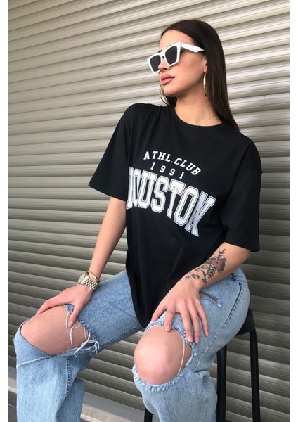Siyah Houston Baskılı Oversize Kadın T-Shirt indirimleri