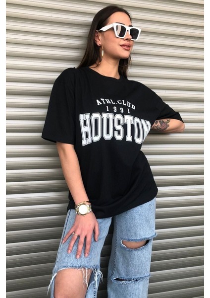 Siyah Houston Baskılı Oversize Kadın T-Shirt