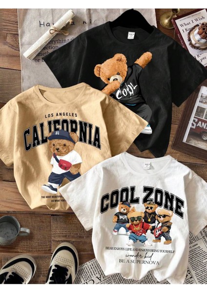 Çocuk Baskılı 3'lü Set Pamuklu Oversize T-Shirt