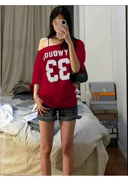 Kadın Kayık Yaka Oywouos Baskılı Oversize %100 Pamuk T-Shirt