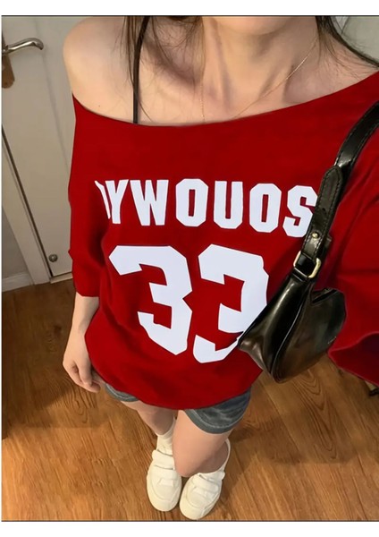 Kadın Kayık Yaka Oywouos Baskılı Oversize %100 Pamuk T-Shirt fiyatları