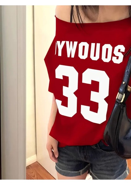 Kadın Kayık Yaka Oywouos Baskılı Oversize %100 Pamuk T-Shirt modelleri