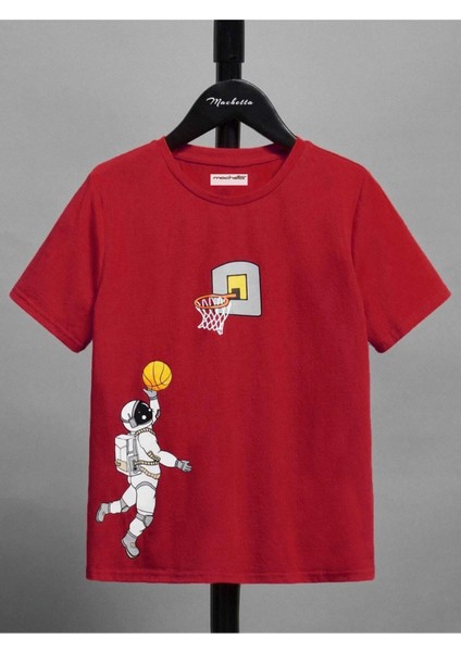 Kids Basketbol Oynayan Astronot Baskılı Oversize Bisiklet Yaka Çocuk T-Shirt