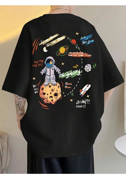 Unisex The Galaxy Gezegen Baskılı Oversize Bisiklet Yaka Tshirt