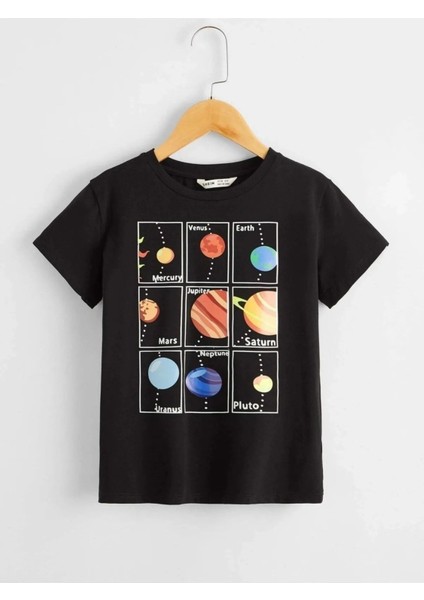 Kare 9 Gezegen Baskılı Oversize Bisiklet Yaka Pamuklu Çocuk T-Shirt
