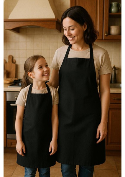 Siyah Gabardin Anne ve Çocuk Mutfak Önlüğü Seti, Şık ve Kullanışlı Ürün.