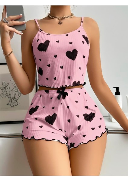 Pamuklu Pembe Üstüne Siyah Kalp Desenli Askılı Fitilli Şortlu Pijama Takımı