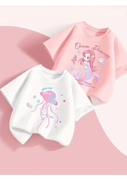 Kız Çocuk Baskılı 2'li Set Pamuklu Oversize T-Shirt