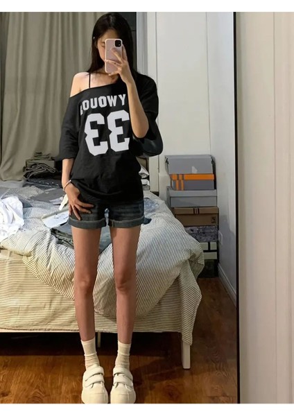 Kadın Kayık Yaka Oywouos Baskılı Oversize %100 Pamuk T-Shirt