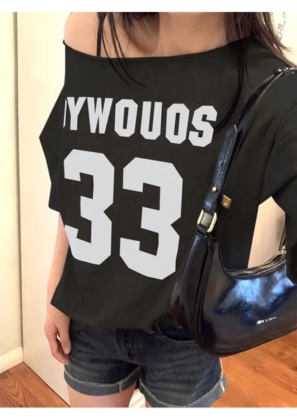 Kadın Kayık Yaka Oywouos Baskılı Oversize %100 Pamuk T-Shirt modelleri