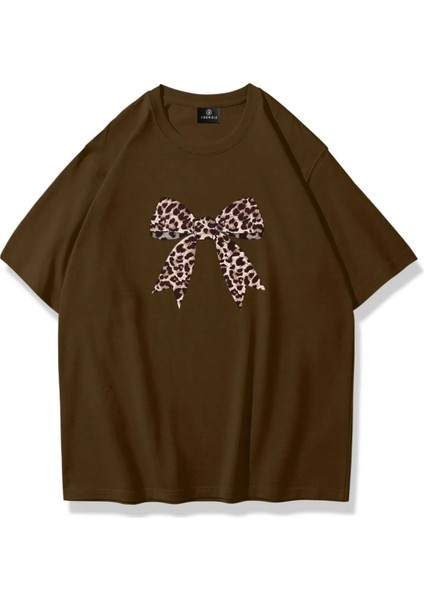 Kadın Leopar Kurdele Baskılı Oversize %100 Pamuk T-Shirt
