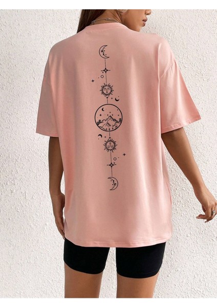 Büyük Beden Kadın Moon And Sun 'güneş ve Ay' Baskılı %100 Pamuk Bisiklet Yaka Oversize T-Shirt
