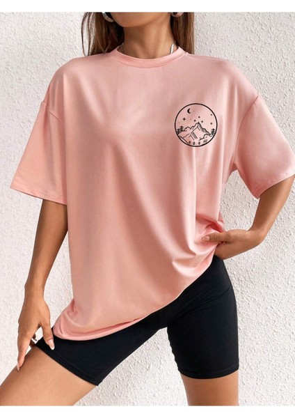 Büyük Beden Kadın Moon And Sun 'güneş ve Ay' Baskılı %100 Pamuk Bisiklet Yaka Oversize T-Shirt
