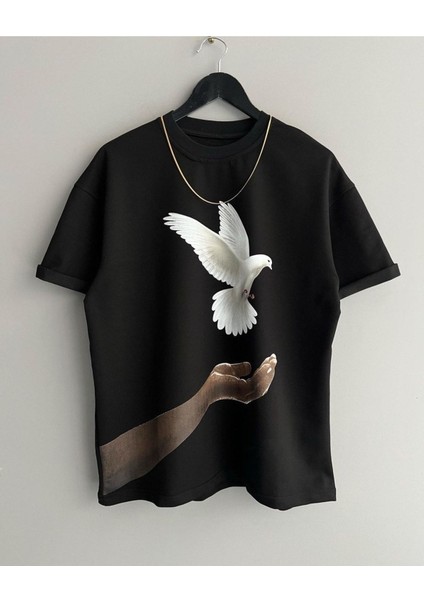 Güvercin Baskılı Oversize Bisiklet Yaka Pamuklu T-Shirt