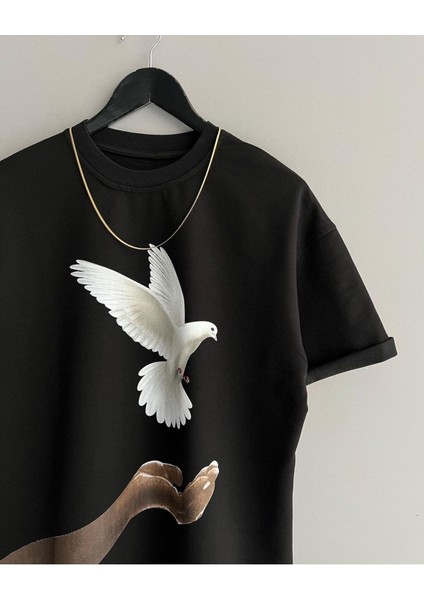 Güvercin Baskılı Oversize Bisiklet Yaka Pamuklu T-Shirt fiyatları