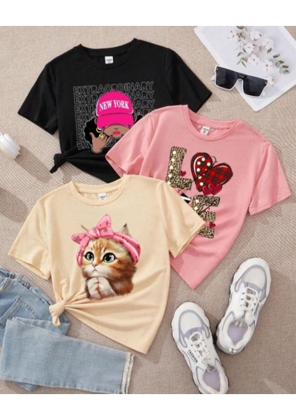 Kız Çocuk Baskılı 3'lü Set Pamuklu Oversize T-Shirt