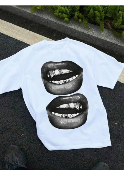 Unisex Dudak Baskılı Oversize %100 Pamuk T-Shirt