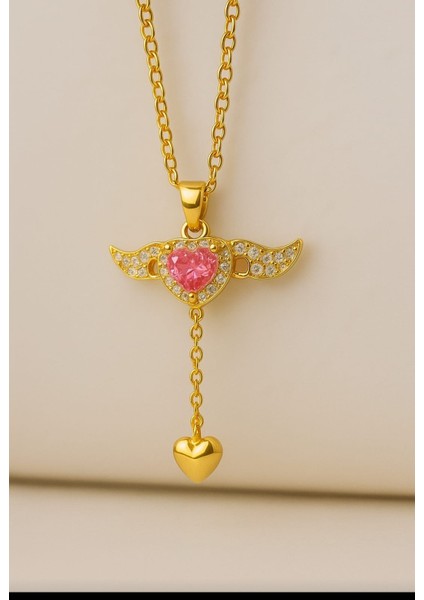 Pembe Kalpli Kanat Figürlü Çelik Kolye