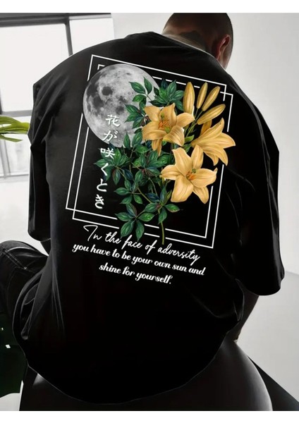Unisex Gezegen Çiçek Baskılı Oversize %100 Pamuk T-Shirt