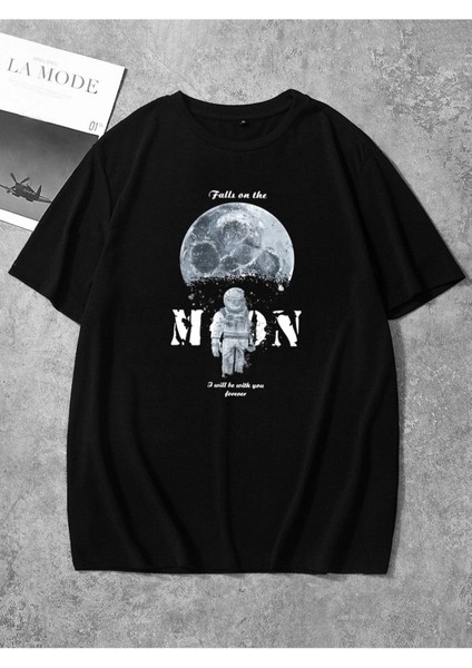 Büyük Beden Spaceman 'moon' Ön Baskılı Oversize Bisiklet Yaka Yazlık Pamuk Siyah T-Shirt