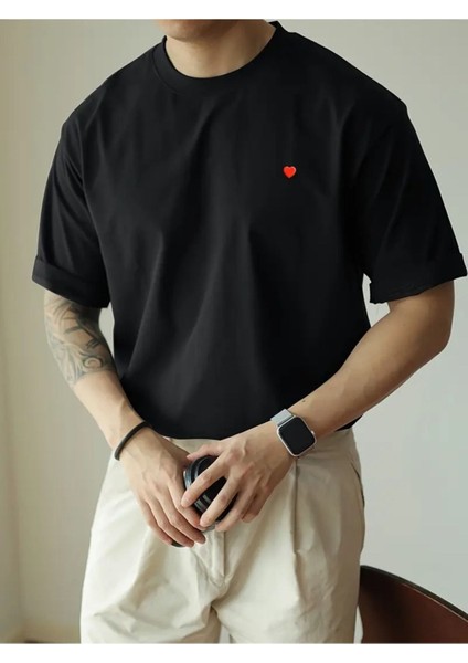 Unisex Kalp Baskılı Oversize %100 Pamuk T-Shirt