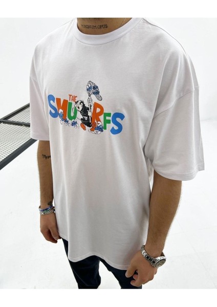 The Smurfs Baskılı Oversize Unisex Pamuk T-Shirt modelleri