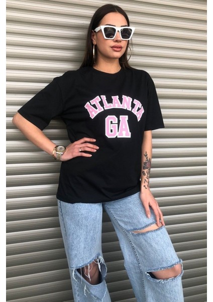 Kadın Atlanta Pembe Yazı Baskılı Oversize T-Shirt fırsatları