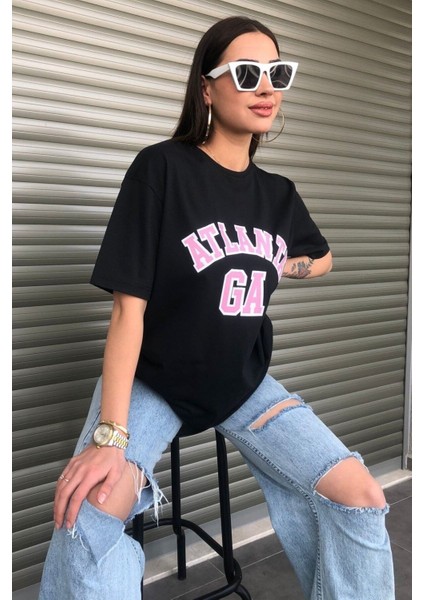 Kadın Atlanta Pembe Yazı Baskılı Oversize T-Shirt