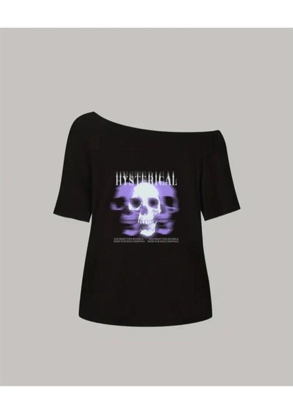 Kadın Kayık Yaka Hysterical Baskılı Oversize %100 Pamuk T-Shirt