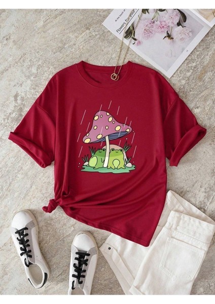 Kadın Bordo Mantar Baskılı Oversize Pamuk T-Shirt