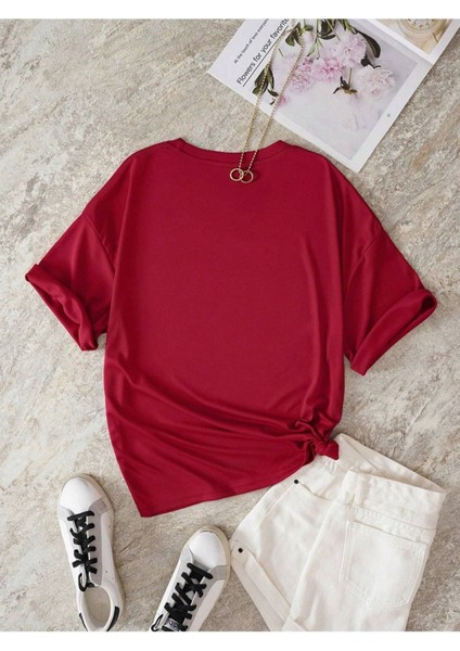 Kadın Bordo Mantar Baskılı Oversize Pamuk T-Shirt fiyatları