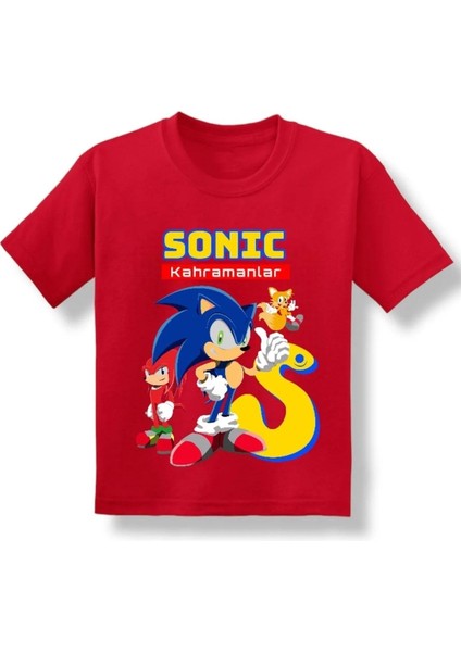Kids Kırmızı Sonic Kahramanlar Baskılı Erkek Çocuk Kısa Kollu T-Shirt 3-14 Yaş