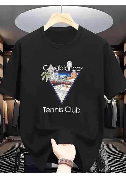 Unisex Tennis Club Casablanca Baskılı Oversize %100 Pamuk T-Shirt