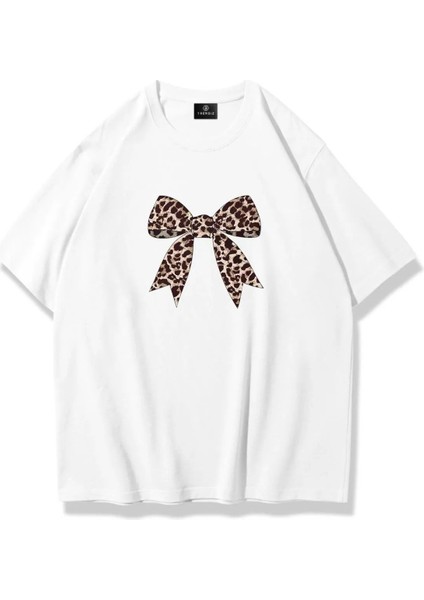 Kadın Leopar Kurdele Baskılı Oversize %100 Pamuk T-Shirt