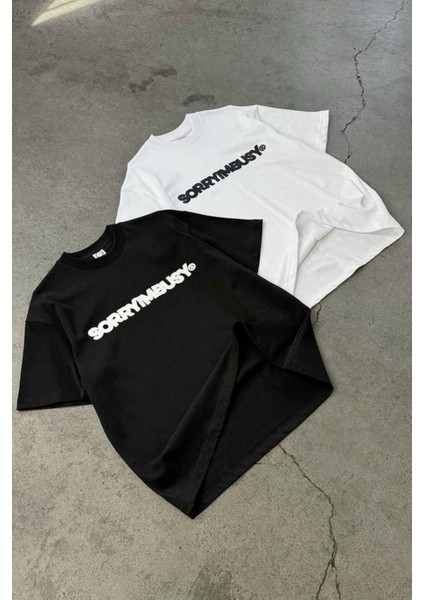 Unisex Sorryımbusy Baskılı Oversize 2'li Set %100 Pamuk T-Shirt