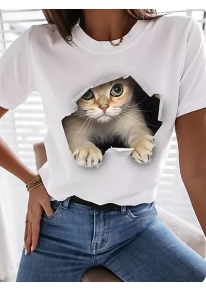 Büyük Beden 3D Kedi T Gömlek Kedi Grafik 3D Desen Yuvarlak Yaka T-Shirt